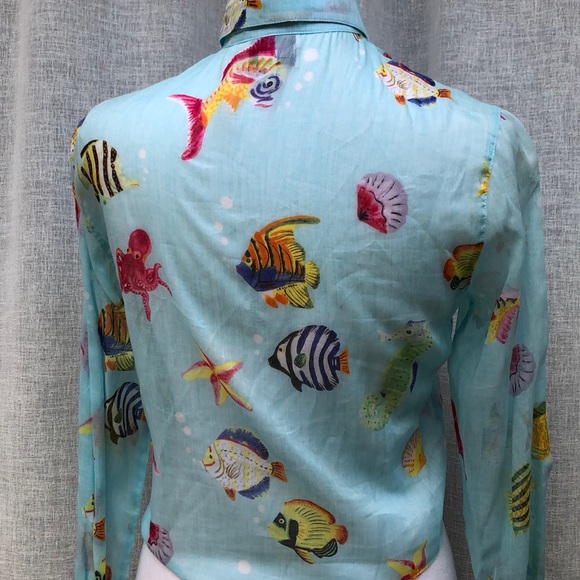 Leggiadro light blue with fishes button down blouse tie at waist - Picture 7 of 14